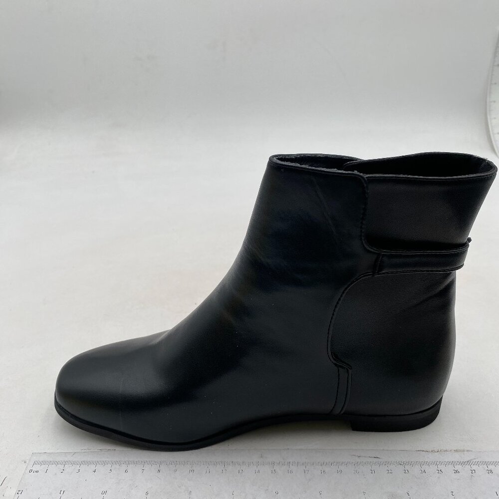 Womens Flat Ankle Boots Low Heel Booties Chunky Stacked Pointed Toe Buckle Black